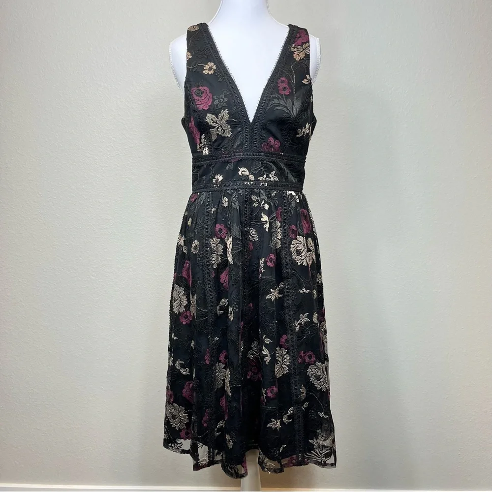 Harlyn Womens Embroidered Floral Dress Small Cottagecore Boho‎ Black Whimsigoth